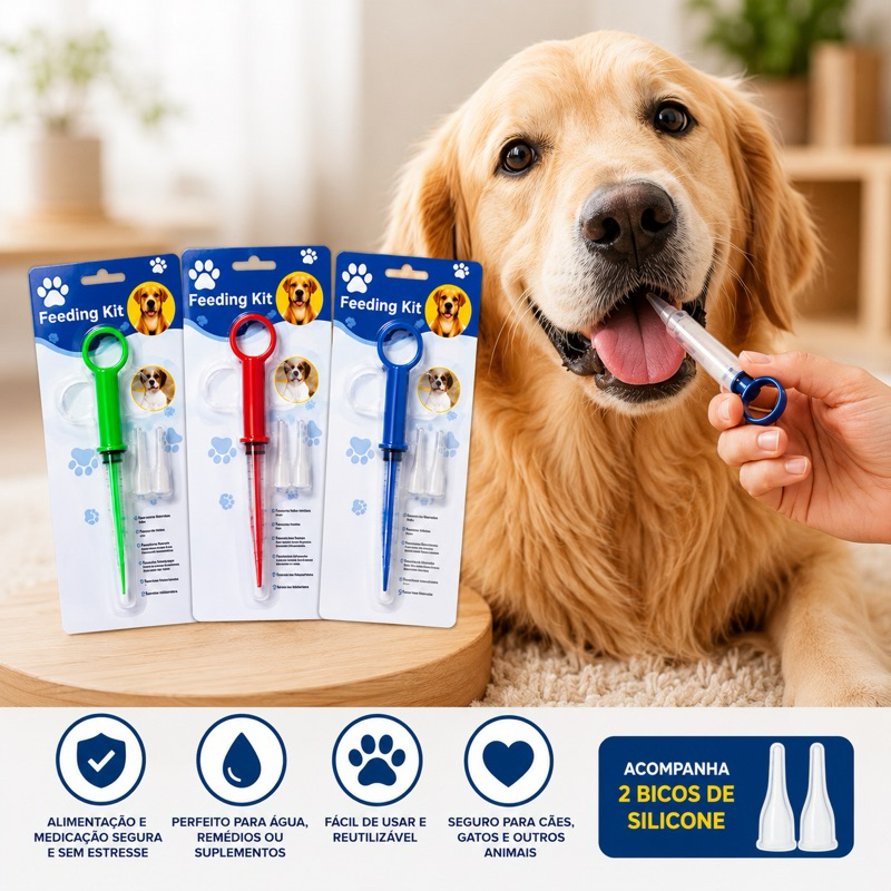 Kit Seringa + 2 Bicos de Silicone Aplicador De Comprimidos remédios Alimentador Pet Seringa Para Cães e Gatos e Filhote