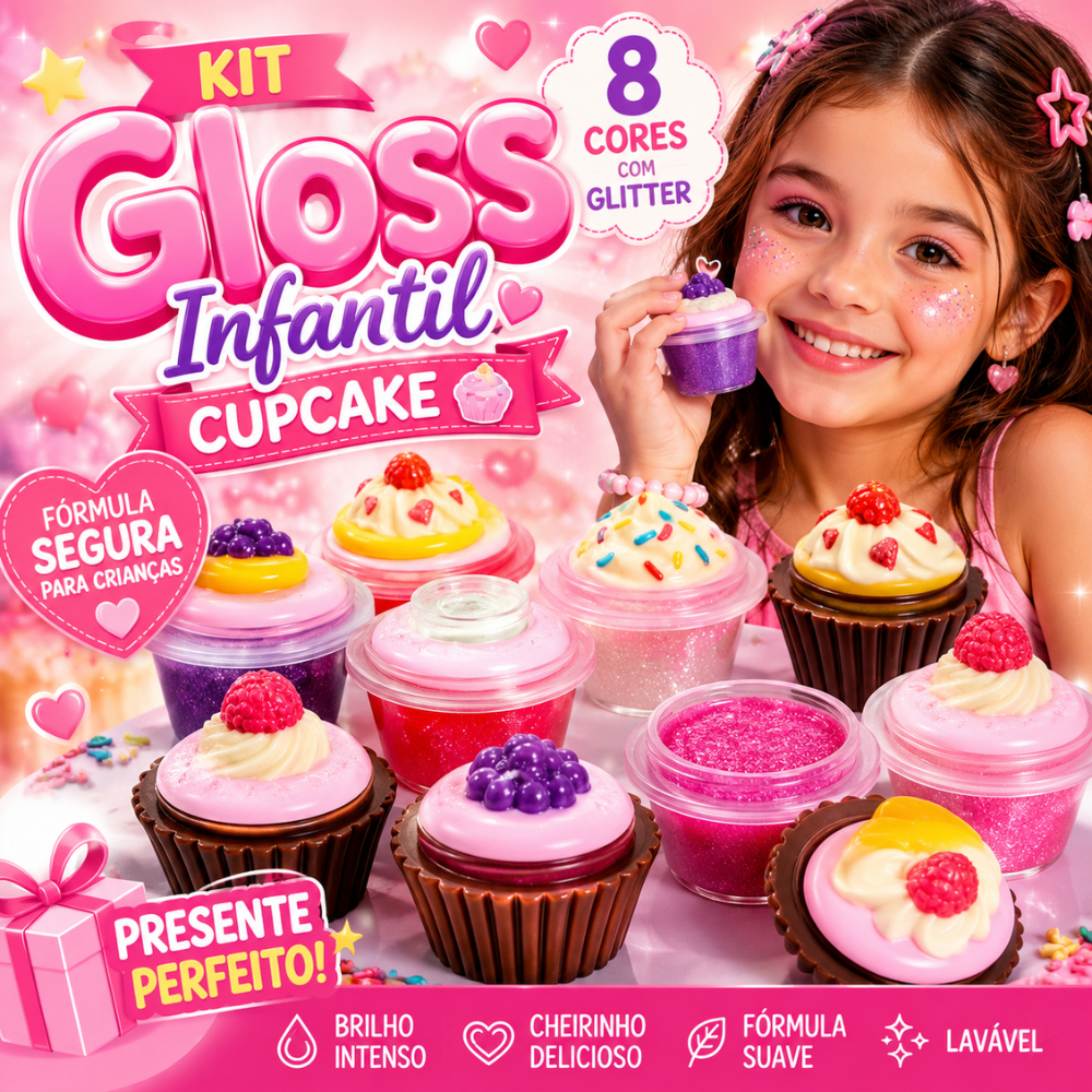 Kit Maquiagem Infantil Brilho Labial Antialérgica Menina: 8 Gloss Cupcake