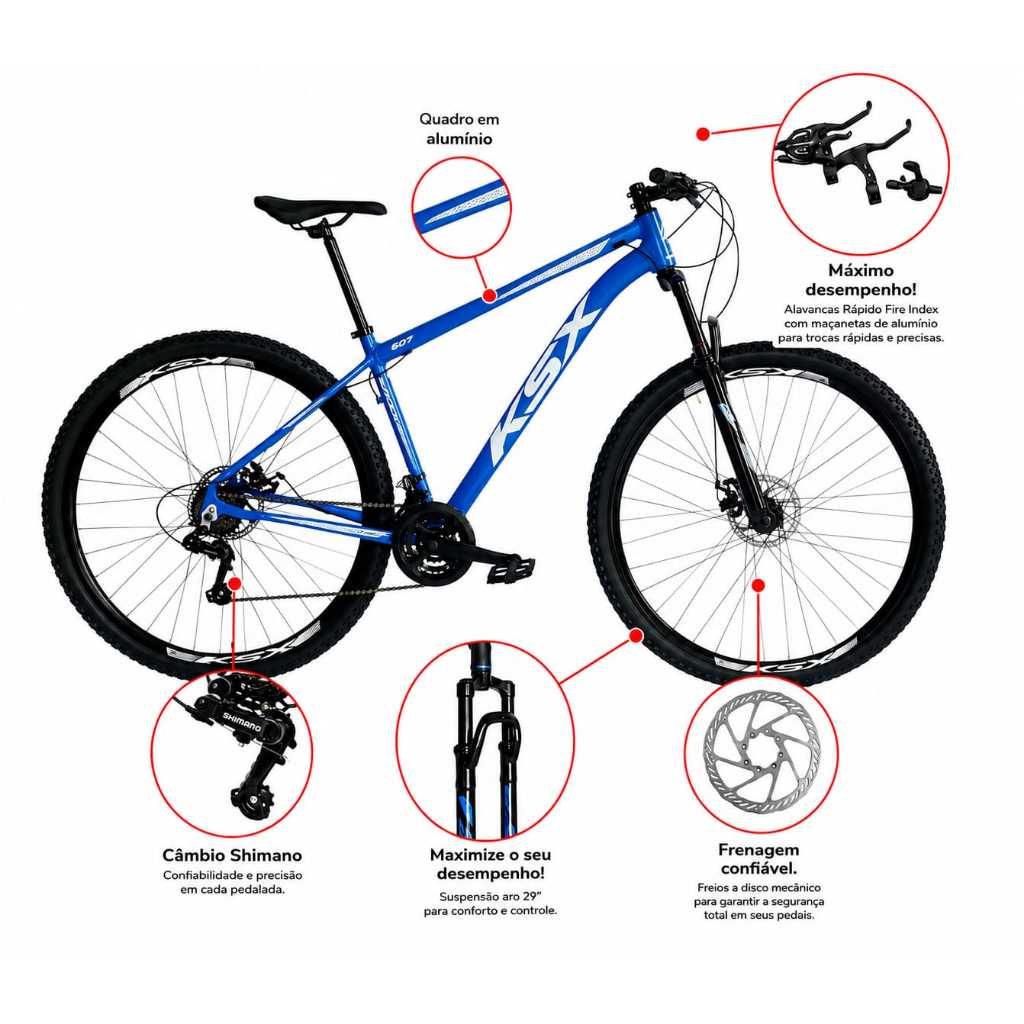 Bicicleta Aro 29 MTB Alumínio KSX 21V Shimano Freio a Disco Suspensão Dianteira