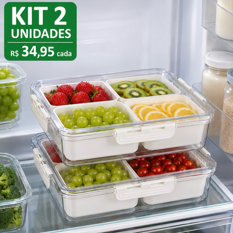 Organizador de Geladeira com Tampa e Divisórias Removíveis Kit 2 Unidades Transparente Frutas