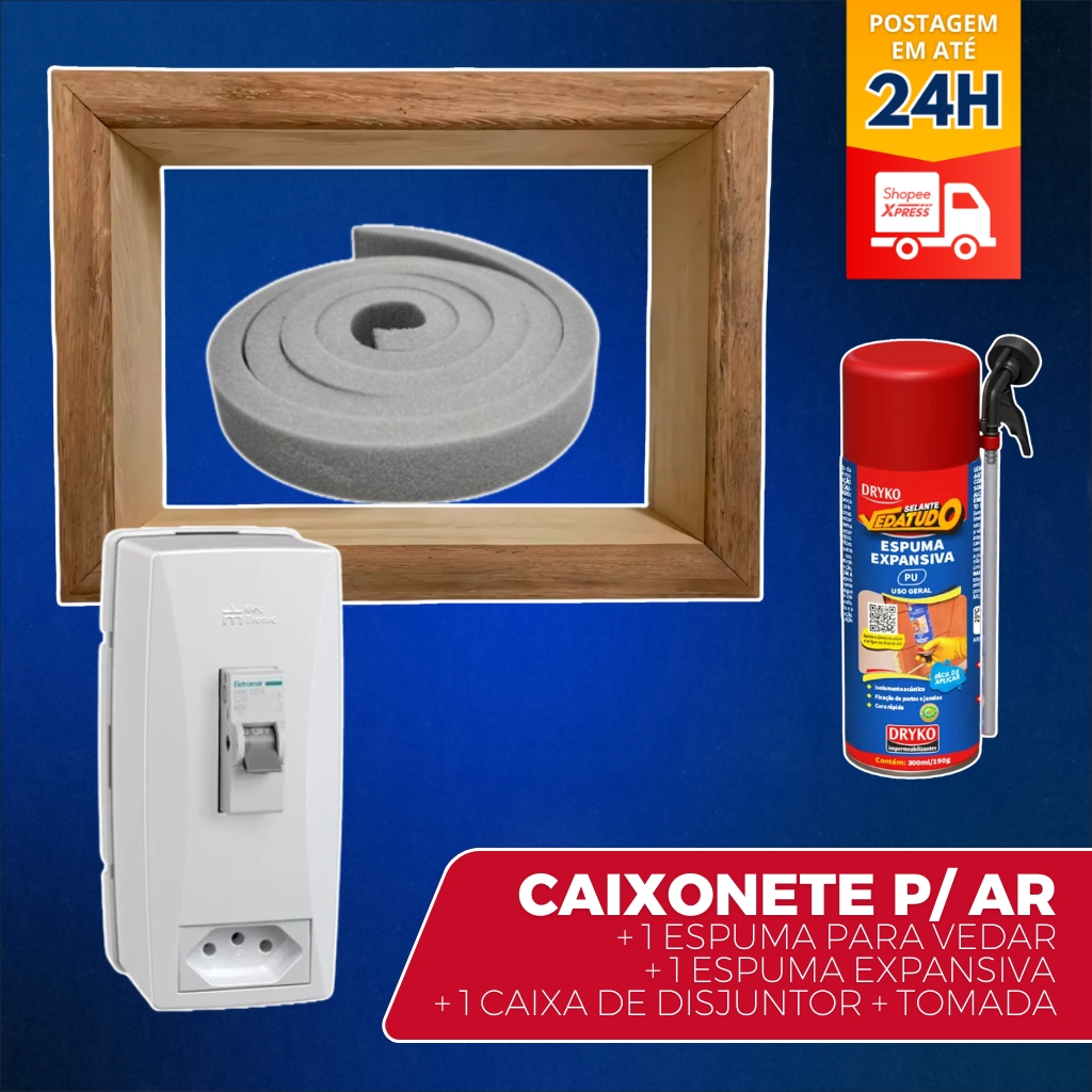 Kit Caixa Caixonete Caixilho Madeira Lei Ar Condicionado Com Disjuntor Espuma Expansiva