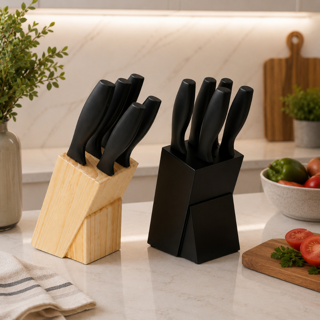 Kit 5 Facas de Inox com Cepo de Madeira – Design Moderno e Funcional