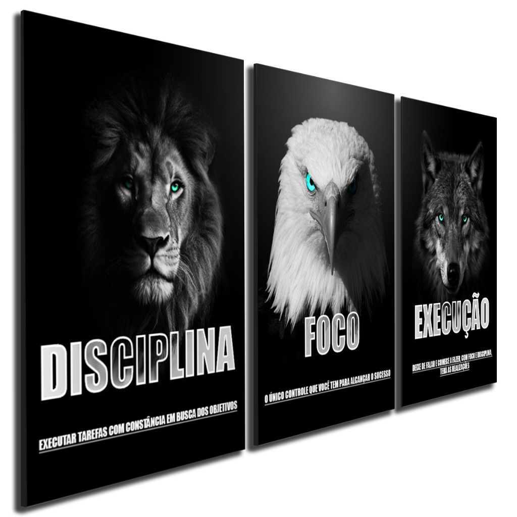 Kit 3 Quadros Decorativos Leão Lobo Águia Grande Motivacional Mdf