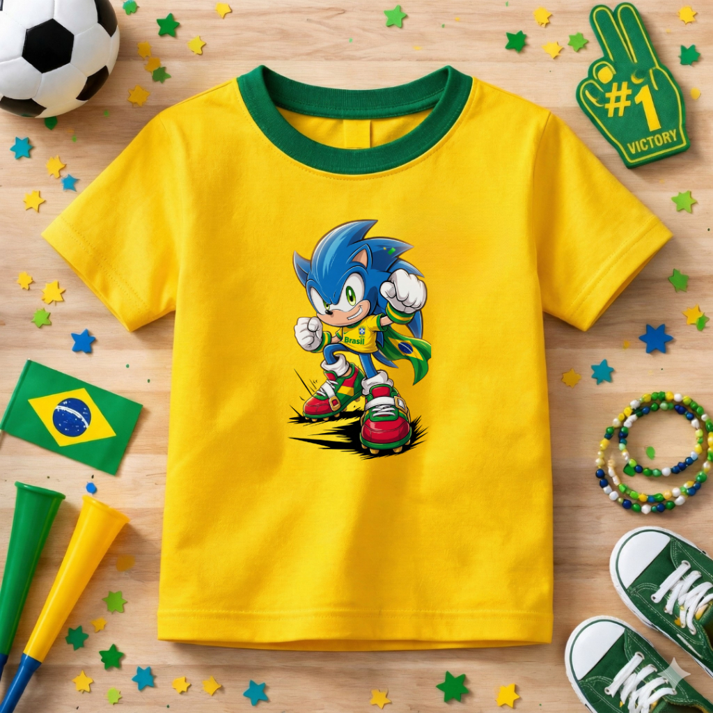 Camiseta Infantil Copa Do Mundo Personalizada Sonic Lançamento Brasil Algodão Premium Confortável