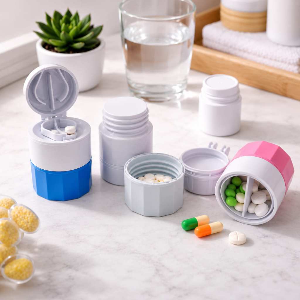 Kit 2 Porta Comprimidos 3 em 1 com Cortador e Amassador Organizador de Remédios Duplo