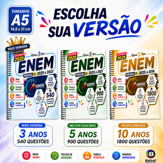Apostila ENEM 2026 no Tamanho A5 (21x14,8 cm) Provas E Gabaritos Oficiais Últimos 3, 5 ou 10 Anos