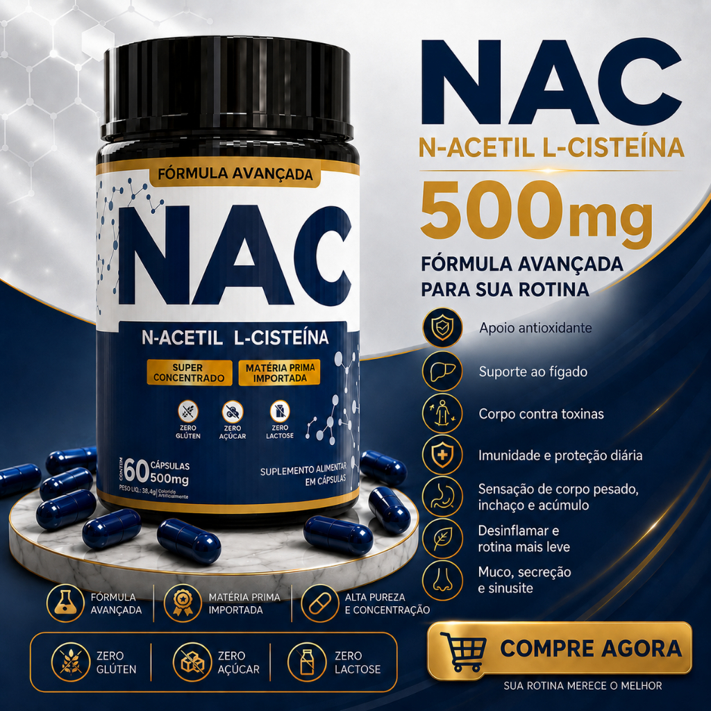 NAC Antioxidante Fígado N-Acetil L-Cisteína 500mg - 60 Cápsulas Original