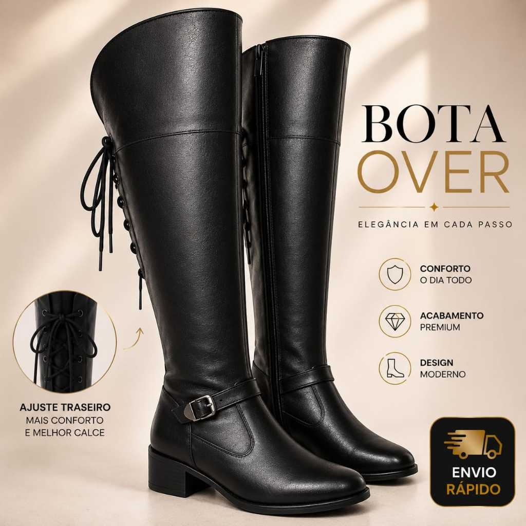 Bota Feminina Over The Knee Lady Cano Longo Plus Amarrar Ajustável Na Panturrilha Lisa e Camurça