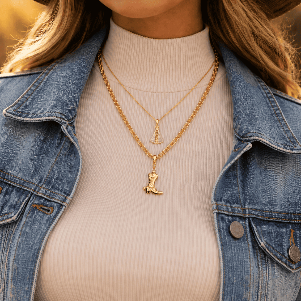 Kit Colar Country Elo Português Pingente + Colar Nossa Senhora Cravejado Banhado a Ouro 18K