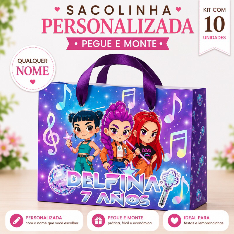 Sacolinha Personalizada Guerreiras Kpop Infantil | Lembrancinha Festa Menina | Pegue e Monte | Kit 10 Unidades