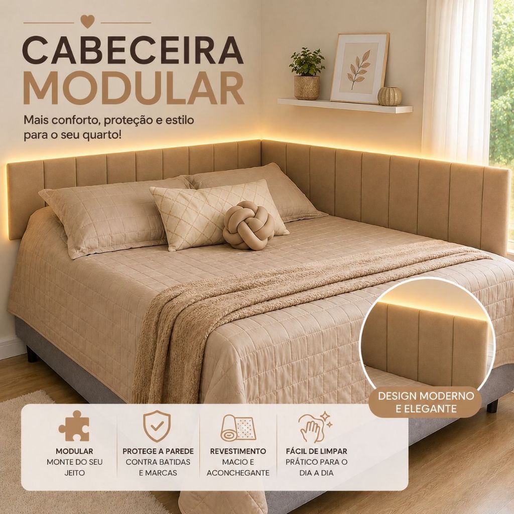 Kit até 20 Placas Cabeceira Estofada 45x20 Adesiva Painel Cabeceira Cama Solteiro Casal Queen King