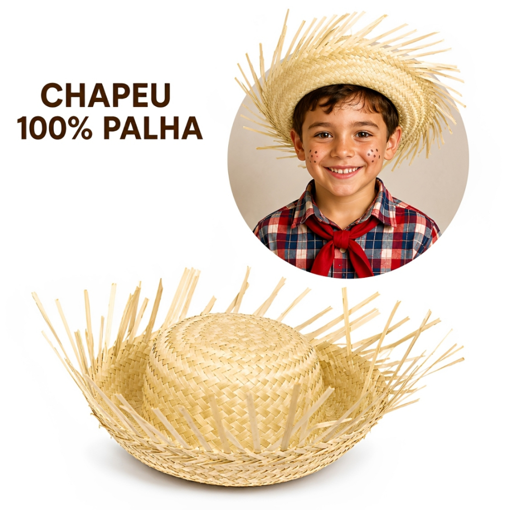 Chapéu 100% Palha para Festa Junina Caipira - Desfiado Infantil/Adulto Arraiá Tradicional Quadrilha