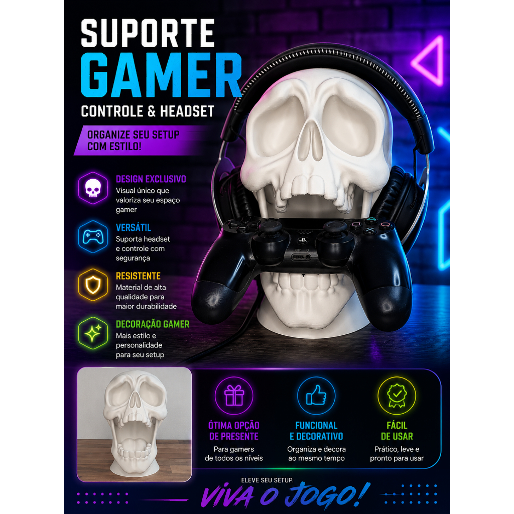 Suporte Skull Gamer Para Controle e Fone Headset | Decoração Gamer Premium 3D