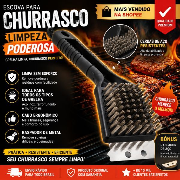Escova De Limpar Grelha Churrasqueira Churrasco Aço Inox Gordura Arame Removedor Limpeza Ferrugem Fe