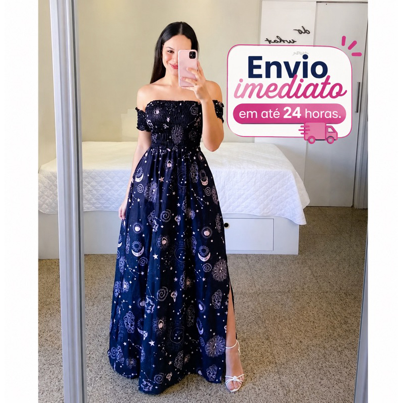 Vestido feminino longo lastex estampado moda evangélica luxo envio imediato - REF 149