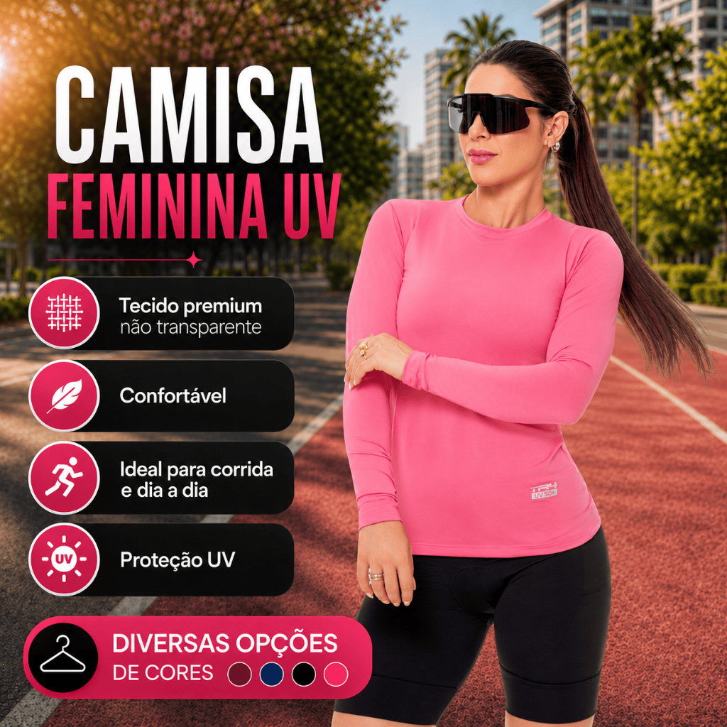 Camisa Uv Feminina Manga Longa Proteção Solar Casual Academia Verão Praia