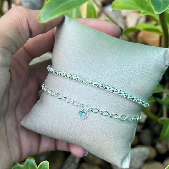 Pulseira Feminina Dupla Delicada com Pendente de Cristal - Semijóia Banhada a Ouro 18k ou a Prata 925