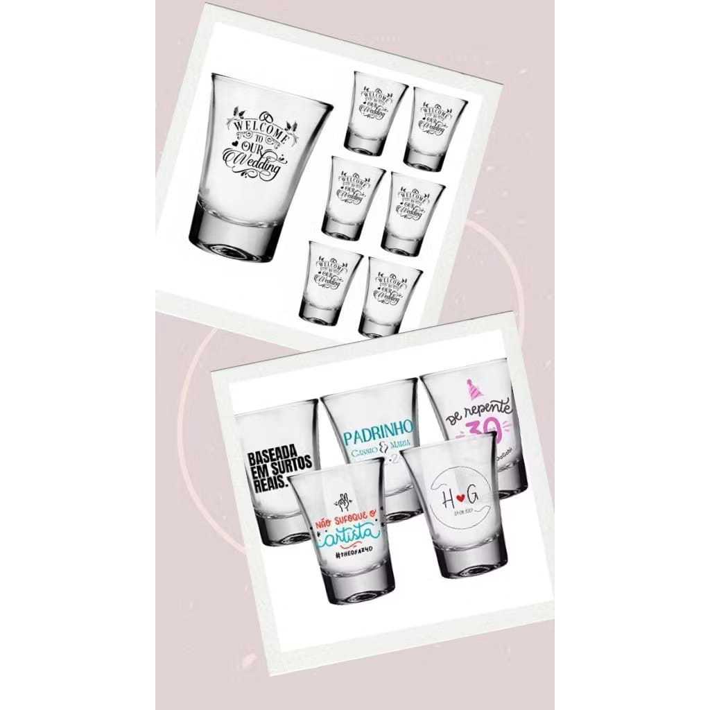 Kit 2, 4 ou 6 Copos Dose de Vidro Personalizados | Brinde Cachaça p/ Casamento, Evento, Festa,