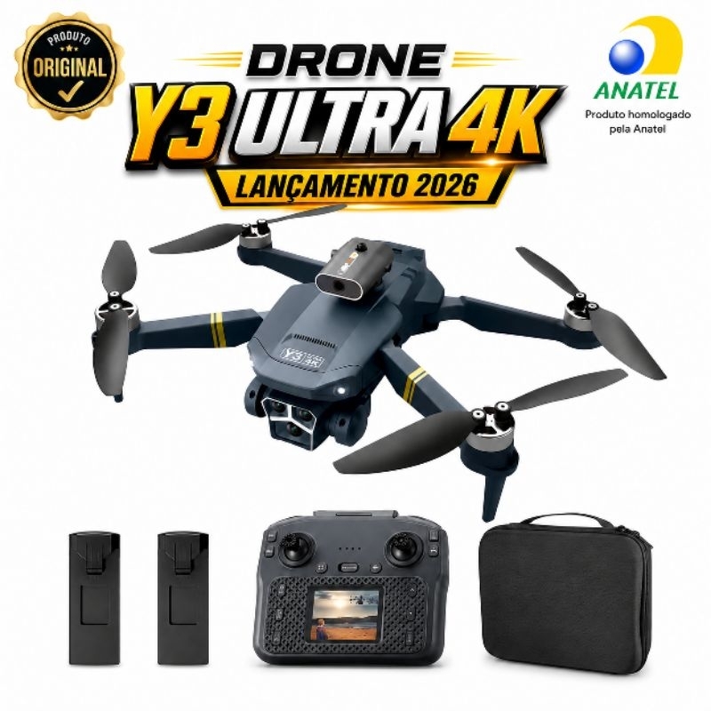 Drone Y3 Ultra Max 2 Baterias Sensor Obstáculos Profissional Sem Escova Brushless Portátil Câmera Tripla Tela Integrada
