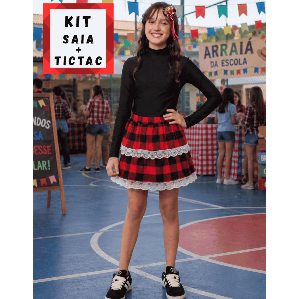 Kit Saia Xadrez Festa Junina Juvenil + TicTac Arraia Festa Quadrilha Festa São João