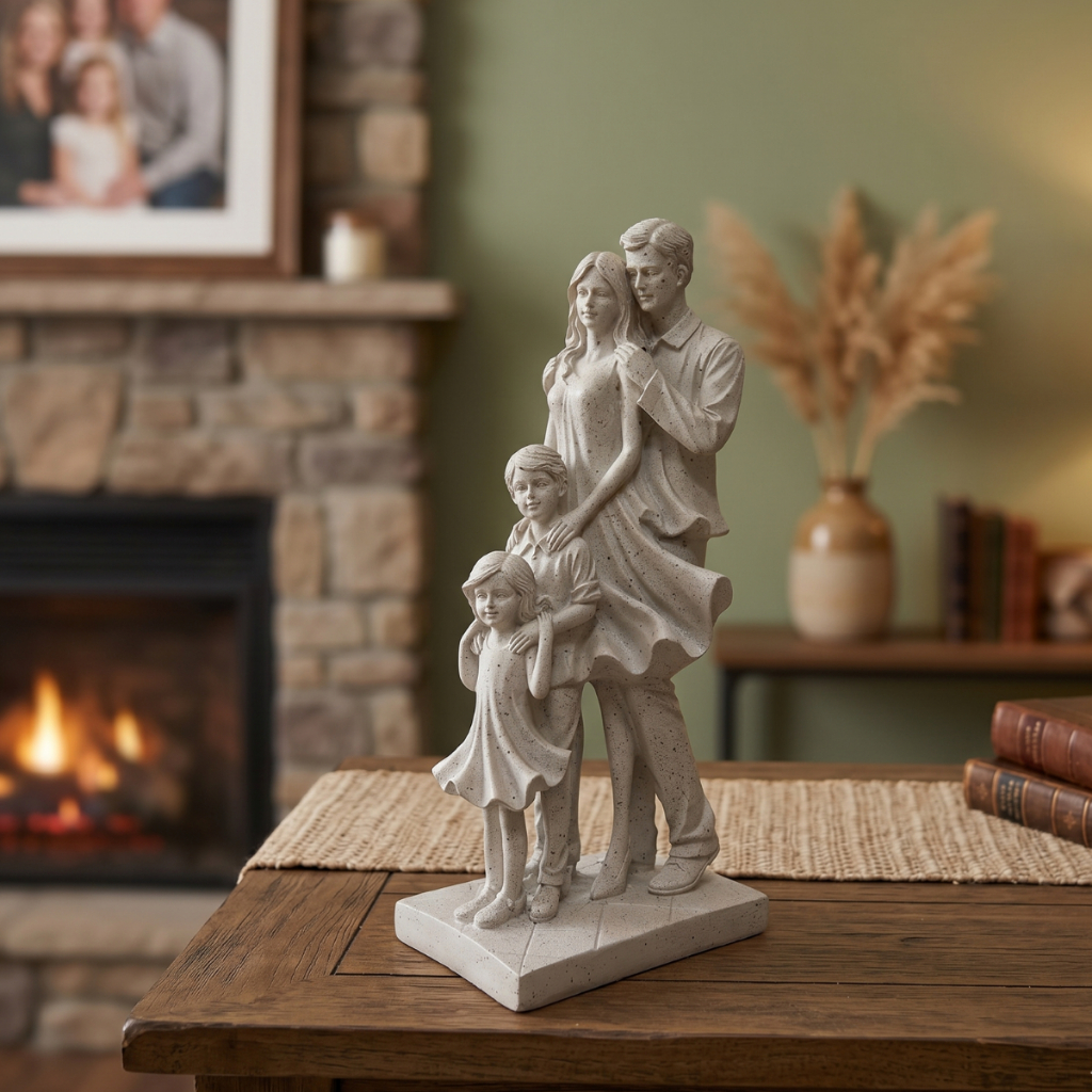 Estátua Decorativa Escultura Família Casal E 2 Filhos Menino e Menina 25x11cm Estátua Gesso Cimento Para Rack Estante