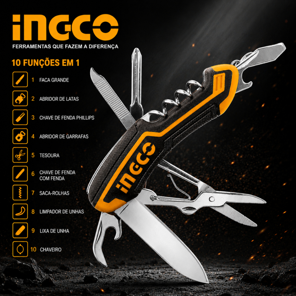 Canivete Multifuncional Portátil Ingco 10 Funções Compacto — imagem 2 de 2