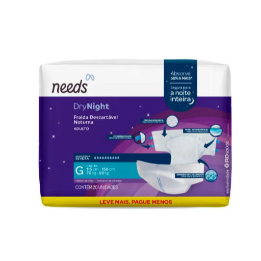 Fralda Geriátrica Needs DryNight | DryCare – Alta Absorção, Antivazamento, Adulto Incontinência Severa
