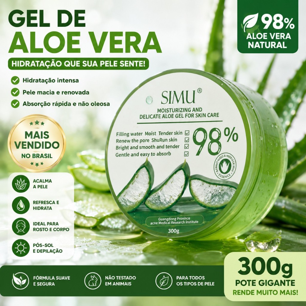 Novo Gel de Aloe Vera e Babosa 98% - Hidratante & Iluminador Facial e Corporal, Cuidados com Pele Oleosa Brilhante 300g