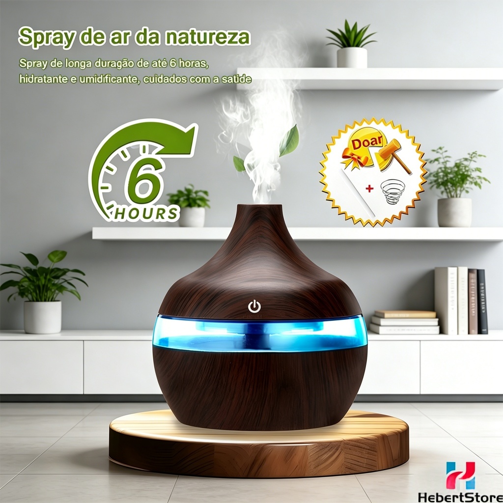 Umidificador De Ar E Aromatizador 8 Horas Madeira Com Led 4 Em 1 Multifuncional Para Quarto UM003