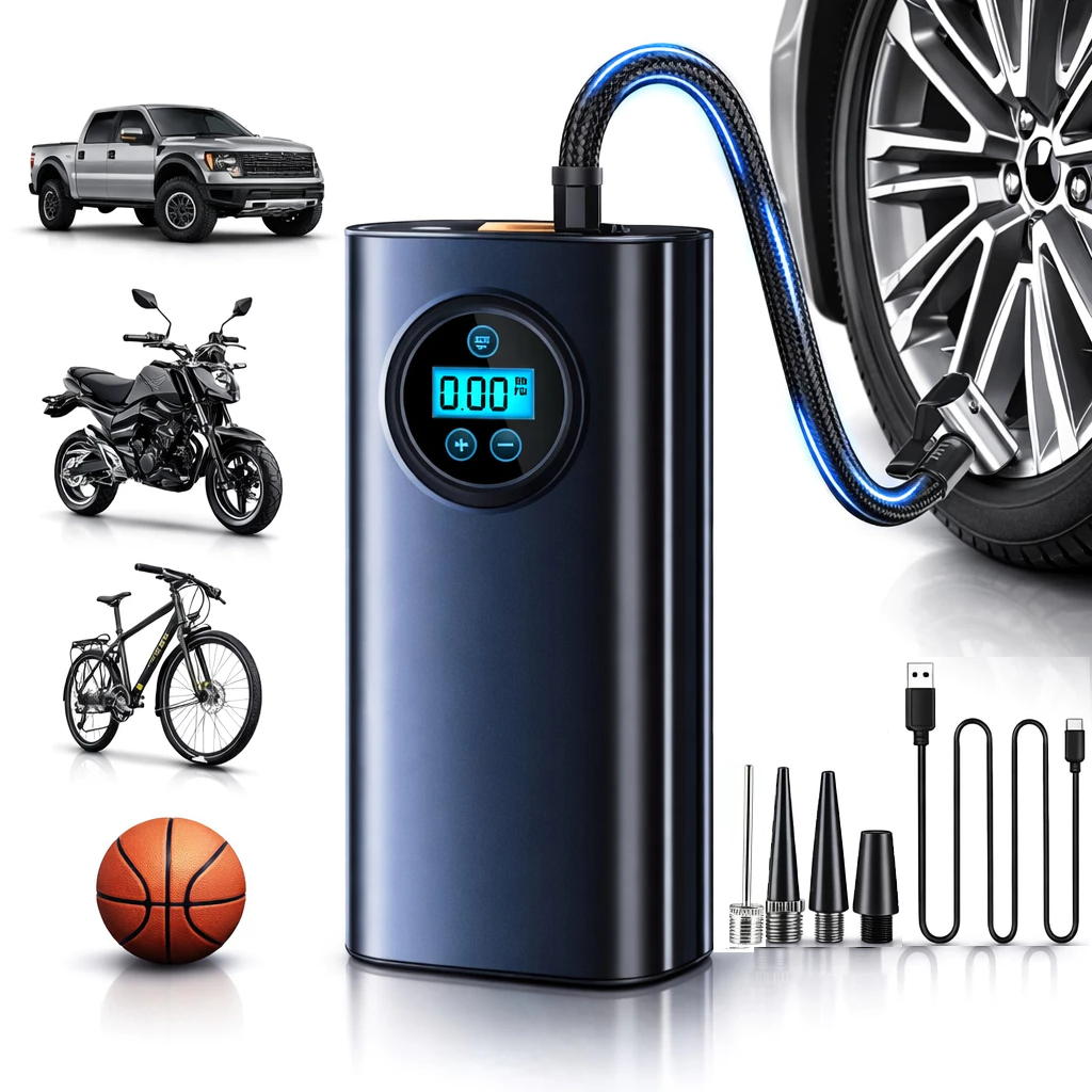 Bomba de Encher Pneu Portátil Digital Calibrador Compressor Carro Moto Bike Bola Piscina Inflável - Oferta