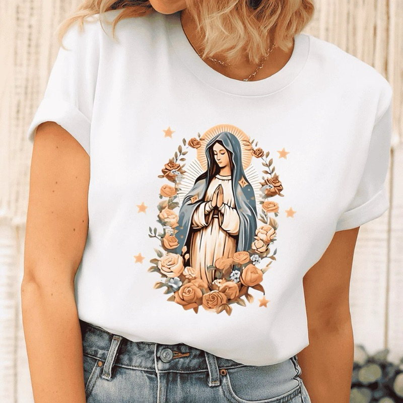 Camiseta Feminina Virgem Maria Estampada Algodão Premium Slim Fit Moda Cristã Casual Confortável Religiosa Evangélica Te