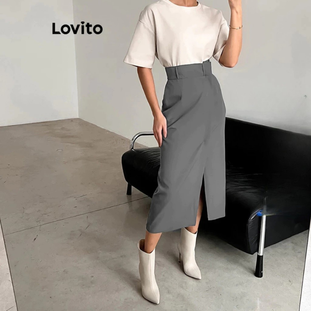 Lovito Saia Feminina Midi com Fenda BRSKNS37BX164 · foto 2