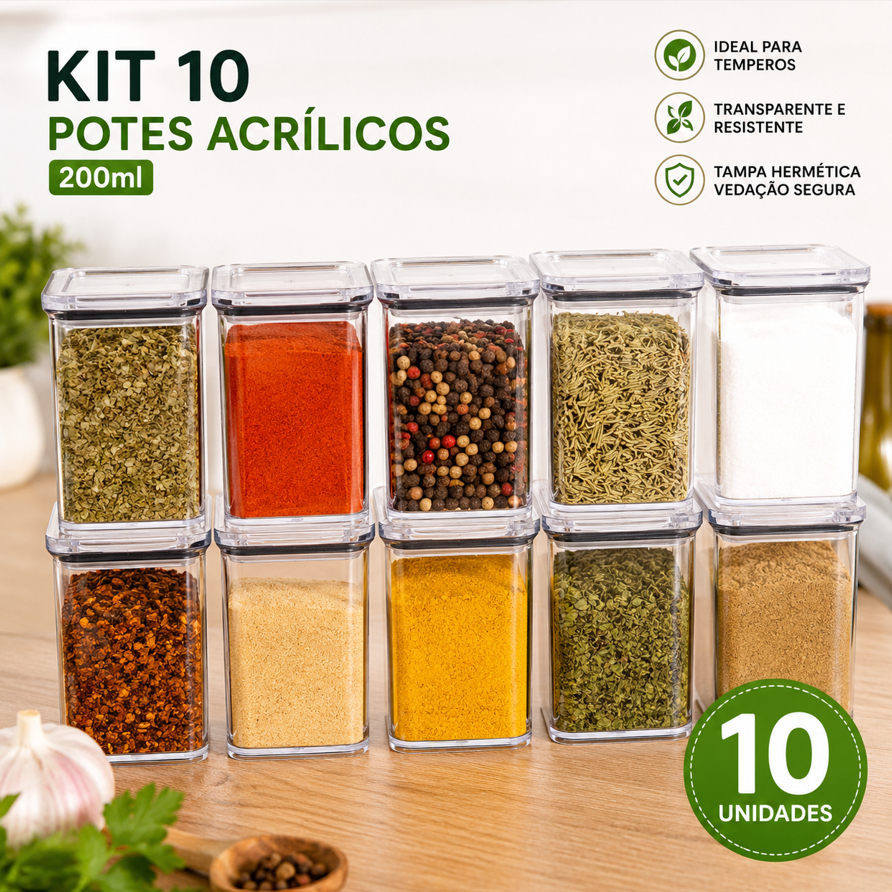 10 Mini Pote Hermético 200ml Porta Condimento Acrílico Temperos Cozinha + Cartela Adesivos 3,5cm