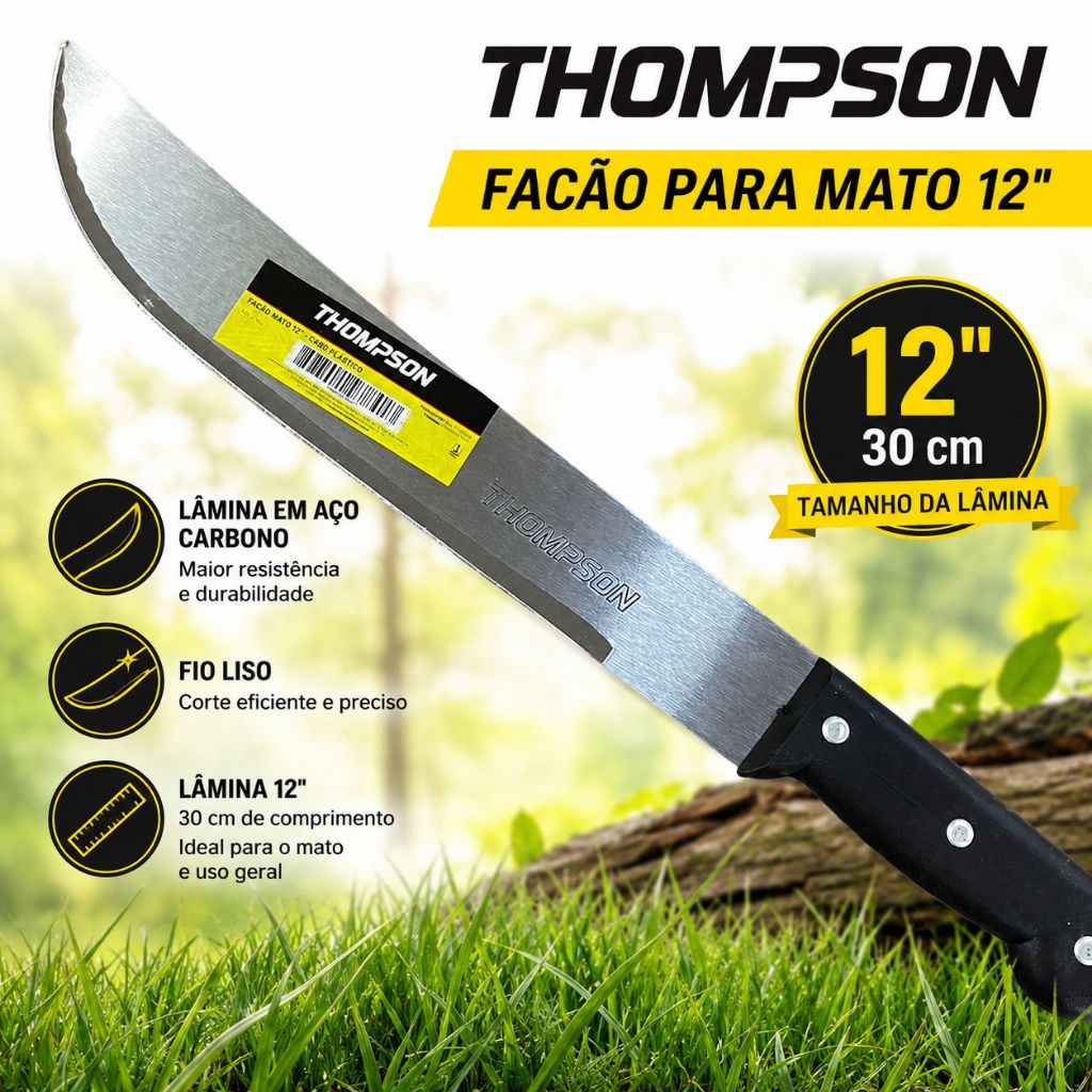 Facão Mato Thompson 12'' Cabo Plástico | Corte Preciso para Mato, Jardim e Campo, Camping