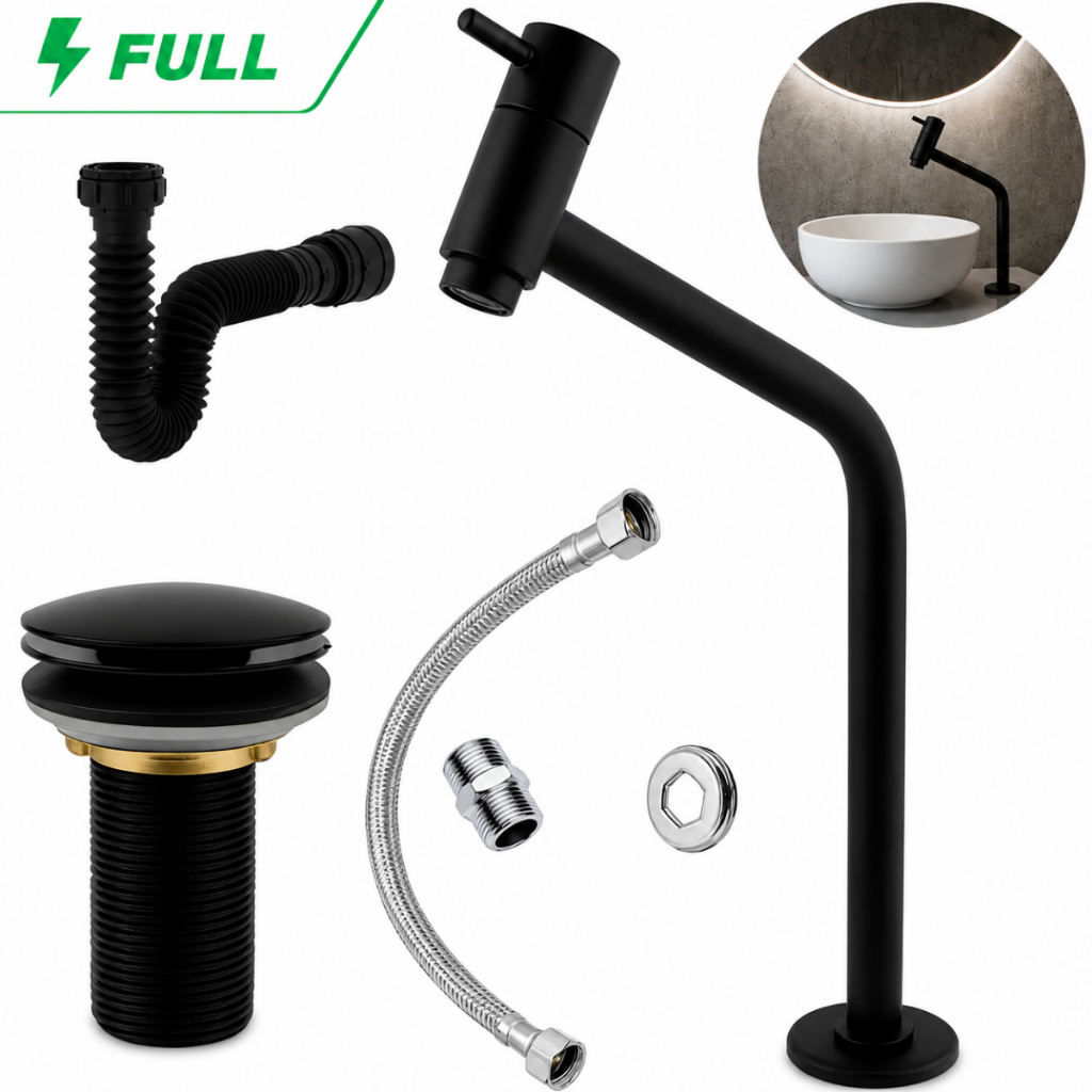 Kit Banheiro ABS-Torneira Bancada Link+ Ralo Válvula click 7/8 Preto + Sifão + Engate 40CM