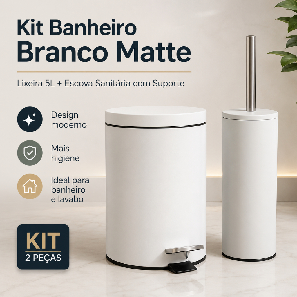 Kit Lixeira Redonda Pedal Multiuso Aço 5L + Escova Sanitária Suporte Banheiro Cozinha Resistente