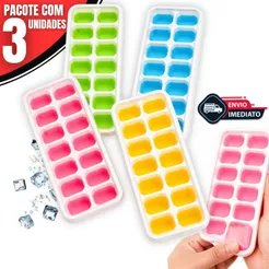 Kit 3 Forma de Gelo Silicone com Tampa – Cubo de Gelo, Gelinho e Freezer