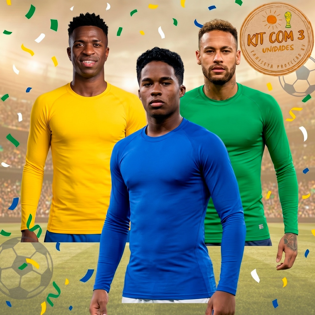 Kit com 3 Camisetas Masculinas Brasil Copa do Mundo Motoboy com Proteção Solar UV