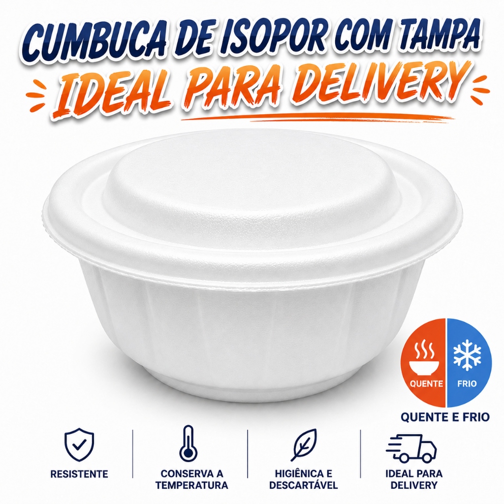 Kit 100 und Cumbuca De Isopor COM tampa 200ml 300ml 500ml Pote Termico Caldos Sopas Açai