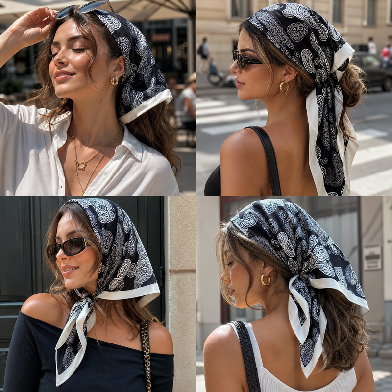 Lenço Seda Cetim 90x90cm Luxo – Bandana Feminina Elegante, Estilo Hip Hop Chic, Toque Macio Premium