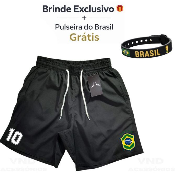 Bermuda Masculina Mauricinho Tactel Copa do Mundo Short Seleção Brasileira + Pulseira Brinde