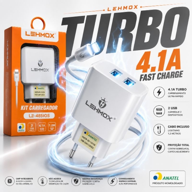 Carregador Completo Para Iphone Lehmox 4.1A Turbo Bivolt Com Cabo Lightning Rápido E Resistente