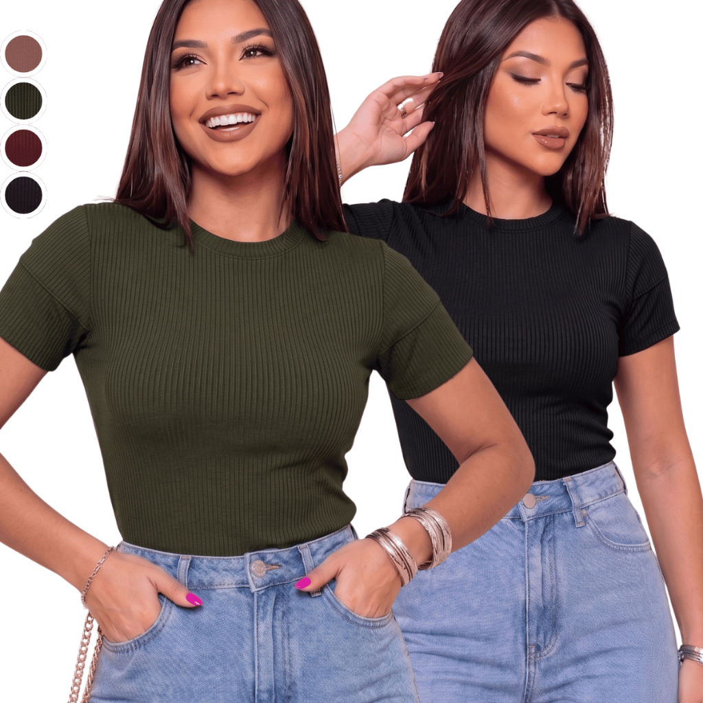 Blusa Feminina Ribana Canelada Básica Feminina Manga Curta Ajustada Casual