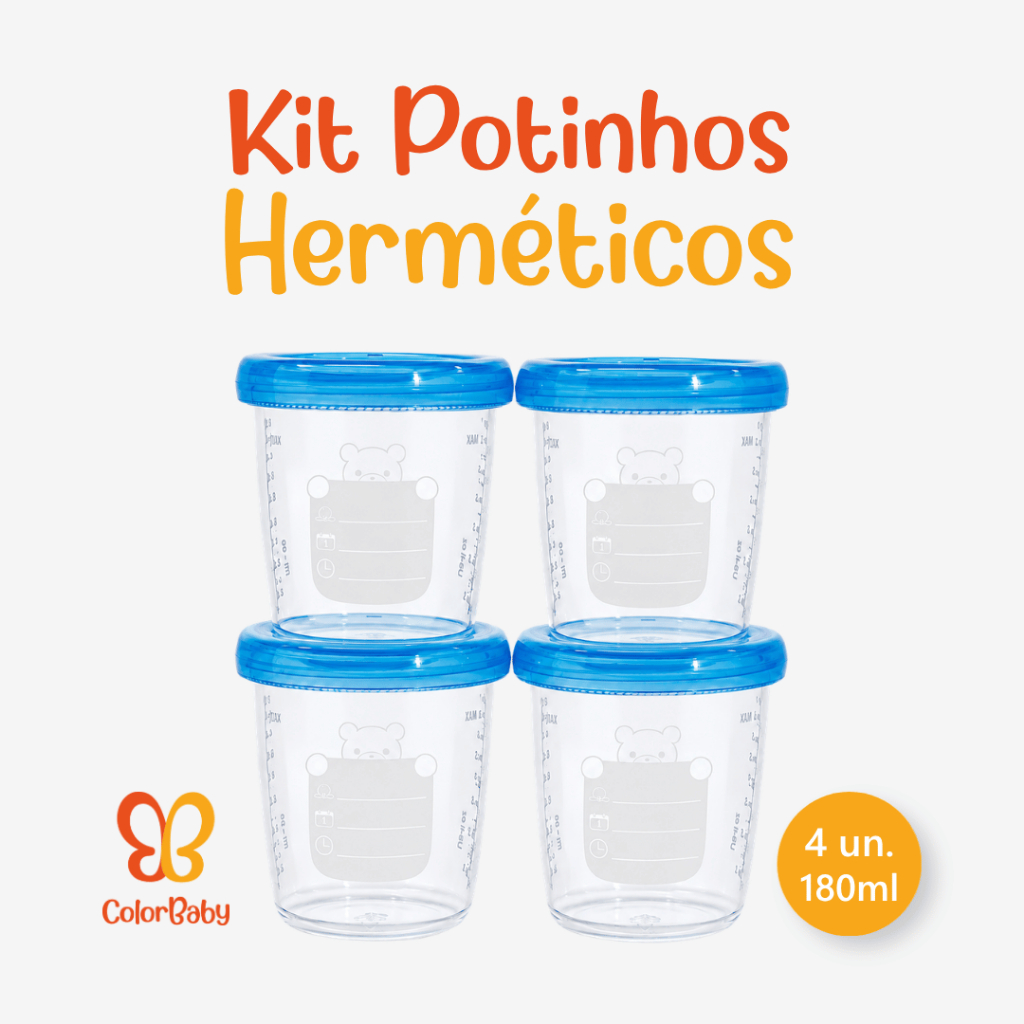 Kit 4 Potes Herméticos 180ml - Antivazamento, p/ Leite e Papinha de Bebê e Criança - ColorBaby