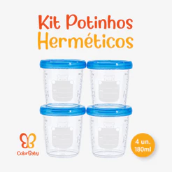 Kit 4 Potes Herméticos 180ml - Antivazamento, p/ Leite e Papinha de Bebê e Criança - ColorBaby