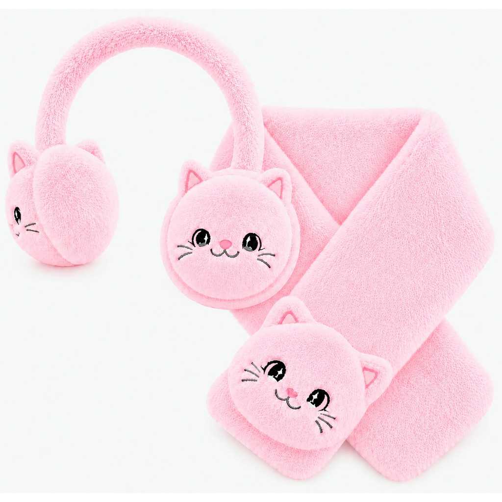 Kit Inverno Infantil Menina Cachecol Gatinho Pelúcia Quentinho Protetor de Orelha