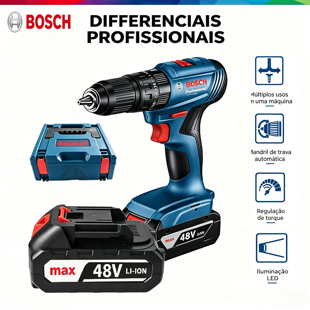 Parafusadeira Furadeira de Impacto Bosch Profissional 48V 2 Baterias Kit Com Maleta e Acessórios