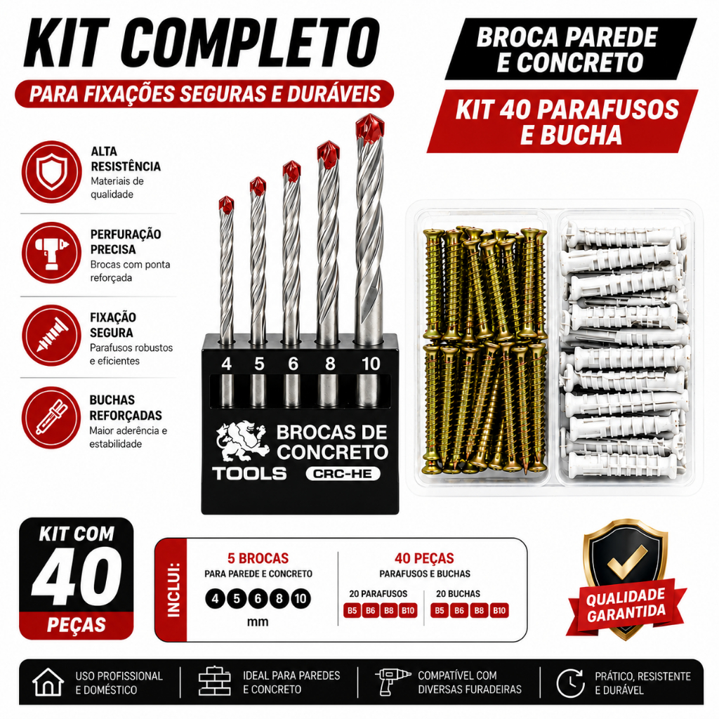 Kit Brocas Parede e Concreto 4 - 5 - 6 - 8 - 10 para Furadeira Parafusadeira + 40 parafuso com bucha