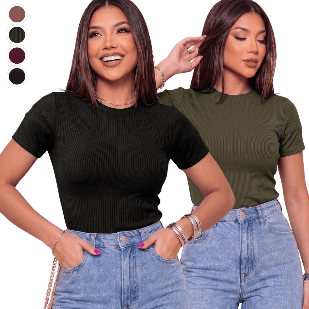 Blusa Feminina Ribana Canelada Básica Manga Curta Casual Confortável Modelo Feminino