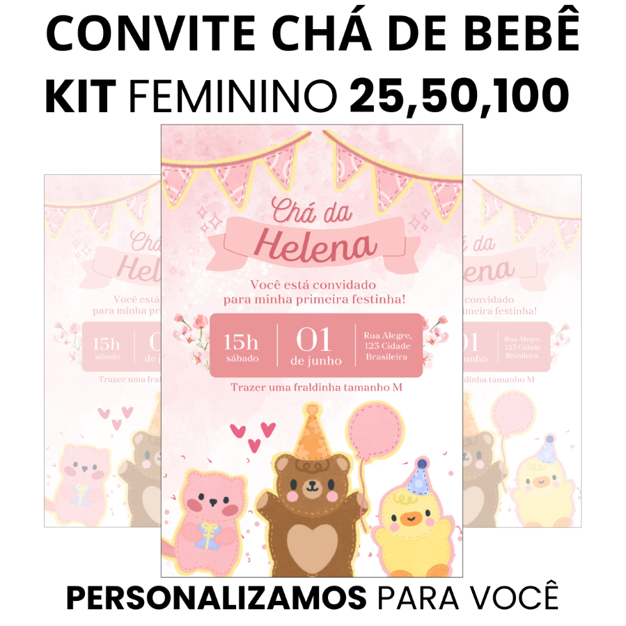 Convite para chá de bebê menina tema rosa fofo personalizado com impressão em papel glossy premium